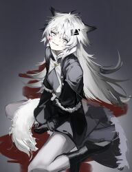 Rule 34 | 1girl, animal ears, arknights, black cape, black coat, black footwear, black gloves, blood, blood on face, blood on ground, boots, cape, coat, commentary request, full body, fur trim, gloves, grey background, grey eyes, hair between eyes, hair ornament, hairclip, half-closed eyes, head back, highres, hyun1136297, knee boots, korean commentary, lappland (arknights), long hair, long sleeves, looking at viewer, messy hair, pants, scar, scar across eye, sitting, sketch, smile, solo, tail, wariza, white hair, white pants, white tail, wolf ears, wolf girl, wolf tail