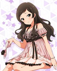 Rule 34 | 1girl, bare shoulders, barefoot, black hair, bracelet, breasts, closed mouth, collarbone, detached sleeves, dot nose, eyelashes, floral print, frilled negligee, frills, hair over breasts, hair over one breast, hair over shoulder, halterneck, holding, holding shoes, idolmaster, idolmaster million live!, idolmaster million live! theater days, jewelry, kitazawa shiho, layered nightgown, light blush, light smile, long hair, looking at viewer, medium breasts, official alternate costume, official art, parted bangs, pink negligee, puffy detached sleeves, puffy sleeves, ribbon-trimmed sleeves, ribbon trim, rose print, sexy beautiful (idolmaster), shoes, sidelocks, sitting, solo, straight hair, wavy hair, yellow eyes