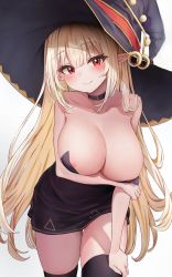 Rule 34 | 1girl, areola slip, arm under breasts, bad id, bad pixiv id, bare shoulders, black choker, black dress, black hat, black thighhighs, blonde hair, blunt tresses, blush, breasts, chirang, choker, cleavage, collarbone, cowboy shot, dress, elf, eyes visible through hair, grabbing own arm, hand on thigh, hat, highres, large breasts, long hair, original, pointy ears, red eyes, simple background, smile, solo, strapless, strapless dress, thighhighs, white background, witch hat, zettai ryouiki