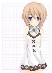 Rule 34 | 10s, 1girl, :o, arms behind back, bare shoulders, blanc (neptunia), blonde hair, blue eyes, blush, brown hair, checkered background, collarbone, cowboy shot, dress, female focus, flat chest, highres, looking at viewer, neptune (series), no headwear, no headwear, open mouth, short hair, solo, tapioka (coconuts)