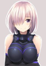 Rule 34 | 1girl, akita hika, armor, armored dress, bad id, bad twitter id, bare shoulders, blush, breasts, cleavage, closed mouth, commentary, fate/grand order, fate (series), grey background, hair over one eye, hand on own arm, highres, large breasts, light purple hair, light smile, looking at viewer, mash kyrielight, purple eyes, short hair, simple background, smile, solo, upper body