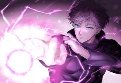 Rule 34 | 1boy, black jacket, blue eyes, closed mouth, electricity, gojou satoru, gradient background, hand up, high collar, highres, jacket, jujutsu kaisen, light particles, long sleeves, looking away, magic, male focus, short hair, solo, tsurime, upper body, white background, white hair, yzumyy