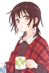 Rule 34 | 1girl, :o, black shirt, blue flower, blush, brown eyes, brown hair, cup, floral print, flower, funami yui, highres, holding, holding cup, jacket, long sleeves, looking at viewer, low twintails, mug, namori, open mouth, plaid, plaid jacket, red jacket, shirt, short twintails, simple background, solo, twintails, upper body, white background, winter clothes, yellow flower, yuru yuri