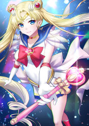 Rule 34 | 1girl, abe hikaru, absurdres, bishoujo senshi sailor moon, blonde hair, blue eyes, blurry, bow, breasts, choker, circlet, closed mouth, collarbone, commentary request, crescent, crescent earrings, depth of field, double bun, earrings, forehead, frilled skirt, frills, gem, gloves, hair bun, hair ornament, heart, highres, holding, holding wand, jewelry, legs apart, long hair, looking at viewer, medium breasts, red bow, sailor moon, sailor senshi uniform, shadow, skirt, sleeveless, solo, sparkle, super sailor moon, thighs, tsukino usagi, twintails, very long hair, wand, white gloves, white skirt, yellow choker