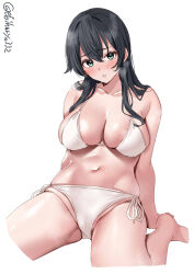 Rule 34 | 1girl, agano (kancolle), aqua eyes, bare shoulders, barefoot, bikini, black hair, blush, breasts, collarbone, cropped legs, ebifurya, hair between eyes, heavy breathing, highres, kantai collection, large breasts, long hair, looking at viewer, navel, one-hour drawing challenge, parted lips, partially visible vulva, side-tie bikini bottom, sidelocks, simple background, sitting, skindentation, solo, stomach, swimsuit, thighs, twitter username, white background, white bikini