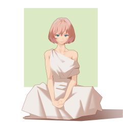 Rule 34 | 1girl, absurdres, bare arms, bare shoulders, blue eyes, closed mouth, collarbone, commentary, full body, green background, hands on lap, highres, looking at viewer, mudined, original, pink hair, shadow, short hair, sitting, solo, toga, two-tone background, white background