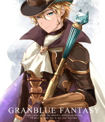 Rule 34 | 10s, 1boy, bad id, bad pixiv id, blonde hair, cane, copyright name, cowboy shot, ascot, english text, granblue fantasy, hat, highres, kaitou chat noir, looking at viewer, male focus, monocle, shinjou, shinjou (motion), smile, solo, top hat