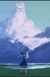 Rule 34 | 1girl, barefoot, blue dress, blue eyes, blue hair, blue sky, bow, bowl, cirno, cloud, day, dress, eating, food, grass, hair between eyes, hair bow, highres, holding, holding bowl, horizon, ice, ice wings, legs, letterboxed, long image, looking at viewer, looking back, matching hair/eyes, misty lake, pinafore dress, reflection, shaved ice, shirt, short dress, short hair, short sleeves, sky, sleeveless, sleeveless dress, solo, spacezin, tall image, touhou, white shirt, wide shot, wind, wings