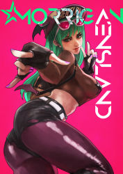 Rule 34 | 1girl, absurdres, alternate costume, ass, backpack, bag, baseball cap, black footwear, black gloves, black shorts, boots, breasts, character name, commentary, covered erect nipples, crop top, demon girl, earclip, english commentary, eyewear on head, fingerless gloves, gloves, green eyes, green hair, hat, head wings, highres, knee boots, lips, lipstick, long hair, looking at viewer, m/, makeup, mascara, medium breasts, midriff, mini wings, monori rogue, morrigan aensland, nail polish, no bra, nose, paid reward available, pantyhose, pasties, pink-tinted eyewear, pink background, pink nails, pointing, pointing at viewer, purple pantyhose, raver, see-through, short shorts, shorts, solo, star pasties, sunglasses, thick thighs, thighs, tinted eyewear, v, vampire (game), wings