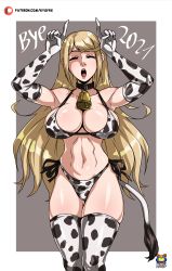 Rule 34 | 2021, absurdres, animal print, arms up, bare shoulders, bell, bikini, blonde hair, blush, breasts, cleavage, closed eyes, commentary, cow print, cow tail, dated, detached sleeves, english commentary, english text, fake tail, grey background, highres, index finger raised, kyoffie, large breasts, long hair, mythra (xenoblade), navel, neck bell, open mouth, simple background, skindentation, solo, stomach, swept bangs, swimsuit, tail, thick thighs, thighhighs, thighs, xenoblade chronicles (series), xenoblade chronicles 2