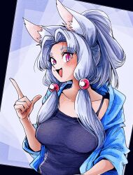 Rule 34 | 1girl, :3, alternate costume, alternate hairstyle, animal ear fluff, animal ears, blue hoodie, blush, breasts, camisole, collarbone, commentary request, curtained hair, fox ears, grey hair, half updo, hand up, highres, hood, hood down, hoodie, index finger raised, large breasts, looking at viewer, natsu tuna, open clothes, open hoodie, open mouth, pink eyes, purple background, purple camisole, sidelocks, sleeves rolled up, slit pupils, smile, solo, touhoku itako, upper body, voiceroid