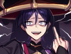 Rule 34 | 1boy, blue eyes, commentary, constricted pupils, english commentary, genshin impact, hat, highres, male focus, middle finger, open mouth, portrait, purple hair, sakichka, scaramouche (genshin impact), selfie, smile, solo, trembling, wanderer (genshin impact)