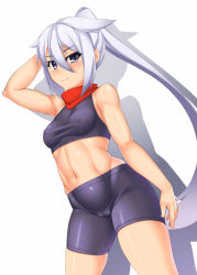 Rule 34 | 1girl, abs, arm at side, arm behind head, bare shoulders, bike shorts, blue eyes, breasts, cameltoe, commentary, cowboy shot, covered erect nipples, hair flaps, long hair, looking at viewer, myouan, original, ponytail, scarf, shadow, shirakami itsuki, simple background, small breasts, smile, solo, toned, very long hair, white background, white hair