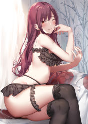 Rule 34 | 1girl, ass, bare arms, bare shoulders, black bra, black skirt, black thighhighs, bra, bridal garter, brown hair, closed mouth, crossed legs, frilled bra, frills, from side, highleg, highres, lingerie, long hair, looking at viewer, microskirt, one eye closed, original, photo-referenced, red eyes, sidelocks, sitting, skirt, smile, solo, suzuame yatsumi, thighhighs, thighs, underwear, underwear only