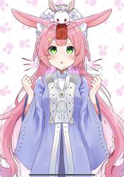 Rule 34 | animal ears, ao nhat binh, commission, dreamy etude, green eyes, hair ornament, highres, indie virtual youtuber, kyooami, light blush, long hair, looking up, pink hair, rabbit, rabbit background, rabbit ears, rabbit symbol, red eyes, star (symbol), star hair ornament, vietnamese clothes, vietnamese dress, virtual youtuber