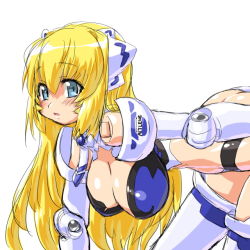 Rule 34 | 10s, 1girl, all fours, altrene, bad id, bad pixiv id, blonde hair, blue eyes, blush, breasts, busou shinki, butt crack, dd (ijigendd), doll joints, hanging breasts, joints, large breasts, long hair, mecha musume, mini person, minigirl, navel, solo, thighhighs