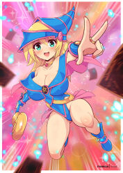 Rule 34 | 1girl, alternate breast size, bare legs, bare shoulders, black background, blonde hair, blue footwear, blue leotard, blush stickers, breasts, card (medium), cleavage, dark magician girl, duel monster, fingernails, full body, green eyes, hat, heart, highleg, highleg leotard, highres, large breasts, leotard, leotard under clothes, long hair, magical girl, motion blur, open mouth, pink skirt, shiny skin, simple background, skirt, smile, solo, sweat, very long hair, virus-g, wide hips, witch hat, yu-gi-oh!