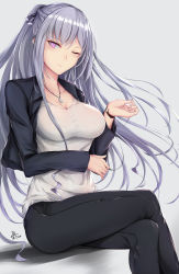 Rule 34 | 1girl, absurdres, ak-12 (girls&#039; frontline), alternate costume, arm across waist, blush, braid, breasts, casual, cleavage, closed mouth, collarbone, collared jacket, cropped jacket, crossed legs, dated, dog tags, french braid, girls&#039; frontline, grey background, grey jacket, grey pants, hair ribbon, half-closed eye, hand up, highres, jacket, jewelry, long hair, long sleeves, looking at viewer, medium breasts, necklace, one eye closed, open clothes, open jacket, pants, ponytail, purple eyes, ribbon, shirt, sidelocks, signature, silver hair, simple background, sitting, smile, solo, very long hair, watch, white shirt, wristwatch, zhishi ge fangzhang