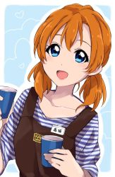 Rule 34 | 1girl, :d, apron, blue background, blue eyes, blue shirt, blush, border, brown apron, cup, holding, holding cup, kosaka honoka, long sleeves, looking at viewer, love live!, love live! school idol project, low twintails, name tag, open mouth, orange hair, outline, sekina, shirt, smile, solo, striped clothes, striped shirt, twintails, upper body, white border, white outline