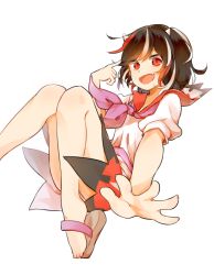 Rule 34 | 1girl, bad id, bad pixiv id, black hair, convenient leg, dress, fang, foreshortening, horns, kijin seija, looking at viewer, misha (hoongju), multicolored hair, open mouth, outstretched arm, puffy sleeves, red eyes, red hair, ribbon, sailor collar, sandals, sash, short hair, short sleeves, silver hair, smile, solo, touhou