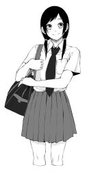 Rule 34 | 1girl, absurdres, bag, breast pocket, closed mouth, cropped legs, greyscale, highres, looking at viewer, low twintails, monochrome, necktie, original, pleated skirt, pocket, school bag, school uniform, shirt, shoulder bag, simple background, skirt, smile, solo, standing, twintails, vice (kuronekohadokoheiku), white background