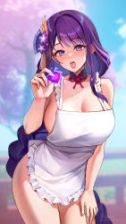 Rule 34 | 1girl, apron, blurry, blurry background, braid, breasts, cherry blossoms, cleavage, commentary, day, electricity, english commentary, foxyreine, frilled apron, frills, genshin impact, hair ornament, hand on own thigh, hand up, heart, highres, holding, large breasts, leaning to the side, long hair, looking at viewer, low-braided long hair, low-tied long hair, naked apron, no mole, open mouth, outdoors, patreon logo, patreon username, purple eyes, purple hair, raiden shogun, solo, teeth, thighs, tongue, tree, upper teeth only, very long hair, watermark, web address, white apron