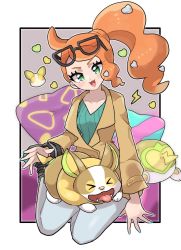 Rule 34 | 1girl, :d, border, bracelet, breasts, brown coat, buttons, cleavage, coat, collarbone, commentary request, creatures (company), cushion, eyewear on head, fu (tk1189227dhy), game freak, gen 8 pokemon, green eyes, green nails, green shirt, hair ornament, head tilt, heart, heart hair ornament, jewelry, long hair, looking at viewer, nail polish, nintendo, open mouth, orange hair, pants, pokemon, pokemon (creature), pokemon swsh, ribbed shirt, shirt, side ponytail, smile, sonia (pokemon), sunglasses, tongue, white border, yamper
