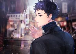 Rule 34 | 1boy, akaashi keiji, black hair, blue eyes, blurry, cigarette, from behind, haikyuu!!, holding, holding cigarette, lens flare, looking at viewer, looking back, male focus, open mouth, outdoors, profile, rain, ri mumu, short hair, smoke, solo, upper body, wet