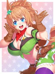 Rule 34 | 1girl, animal ears, armband, bare shoulders, blue eyes, blush, breasts, cleavage, green armband, hair ornament, highres, horse ears, horse girl, horse tail, large breasts, light brown hair, looking at viewer, medium hair, onsoku inu, open mouth, smile, solo, star (symbol), star hair ornament, taiki shuttle (umamusume), tail, umamusume
