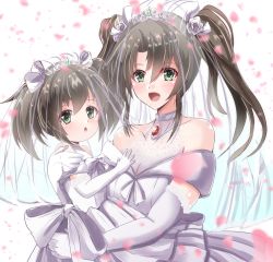 Rule 34 | 2girls, absurdres, alternate costume, breasts, bridal veil, bride, dark green hair, dress, elbow gloves, gloves, green eyes, highres, kantai collection, kentan (kingtaiki), long hair, mother and daughter, multiple girls, small breasts, tiara, twintails, veil, wedding dress, white dress, white gloves, zuikaku (kancolle)