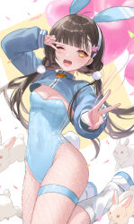 Rule 34 | 1girl, :d, animal ears, blue jacket, blue leotard, blunt bangs, blush, breasts, brown hair, chinese zodiac, cleavage, commentary request, covered navel, cropped jacket, double v, earrings, fake animal ears, fishnet pantyhose, fishnets, hair ornament, hairclip, highres, jacket, jewelry, leotard, long sleeves, nima (niru54), one eye closed, open mouth, original, pantyhose, pink nails, playboy bunny, rabbit, rabbit ears, rabbit tail, small breasts, smile, socks, solo, tail, teeth, thigh strap, twintails, upper teeth only, v, white socks, year of the rabbit, yellow eyes, zipper