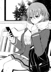 Rule 34 | 1girl, backpack, bag, bench, blush, cellphone, commentary request, greyscale, hair between eyes, hair ornament, hairclip, highres, holding, holding phone, jacket, just because!, long hair, looking at phone, monochrome, natsume mio, phone, pleated skirt, scarf, school bag, school uniform, sitting, skirt, smartphone, solo