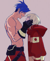 Rule 34 | 2boys, belt, belt pouch, black belt, black gloves, blue eyes, blue hair, couple, eye contact, face squeeze, firefighter, firefighter jacket, from side, galo thymos, gloves, green hair, hand on another&#039;s face, height difference, jacket, konojsama, lio fotia, looking at another, male focus, mohawk, multiple boys, pants, pouch, profile, promare, purple eyes, red jacket, red pants, short hair, short hair with long locks, sidelocks, smile, spiked hair, toned, toned male, topless male, yaoi