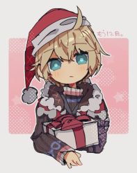 Rule 34 | 1boy, ahoge, black jacket, black sweater, blue eyes, blush, box, brown hair, closed mouth, commentary request, cropped torso, gift, gift box, hair between eyes, hat, head tilt, jacket, long sleeves, looking at viewer, male focus, mugimugis, red hat, ribbed sweater, santa hat, shulk (xenoblade), sleeves past wrists, solo, sweater, turtleneck, turtleneck sweater, upper body, xenoblade chronicles (series), xenoblade chronicles 1