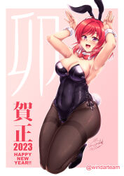 Rule 34 | 1girl, 2023, :d, animal ears, armpits, arms up, artist name, bare shoulders, black footwear, black hairband, black leotard, blush, border, bow, bowtie, breasts, brown pantyhose, chinese zodiac, cleavage, collarbone, commentary request, covered navel, detached collar, fake animal ears, fake tail, full body, gradient background, groin, hairband, happy new year, heavy breathing, high heels, highres, kneeling, large breasts, legs together, leotard, looking at viewer, love live!, love live! school idol project, new year, nishikino maki, open mouth, outside border, pantyhose, pink background, playboy bunny, pumps, purple eyes, rabbit ears, rabbit pose, rabbit tail, red bow, red bowtie, red hair, short hair, side-tie leotard, signature, smile, solo, strapless, strapless leotard, sweat, swept bangs, tail, thighband pantyhose, twitter username, wavy mouth, white border, windart, wrist cuffs, year of the rabbit