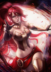 Rule 34 | 1girl, axsen, boots, bracer, breasts, bustier, cleavage, elbow gloves, gloves, green eyes, highres, long hair, medium breasts, navel, ponytail, pyrrha nikos, realistic, red hair, rwby, signature, tagme, thigh boots, thighhighs, tiara, very long hair, zettai ryouiki