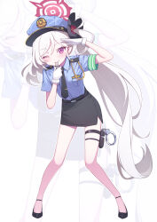 Rule 34 | 1girl, black flower, blowing whistle, blue archive, blush, commentary, cuffs, deadnooodles, flower, gloves, hair flower, hair ornament, halo, handcuffs, hands up, hat, highres, long hair, looking at viewer, mutsuki (blue archive), one eye closed, pencil skirt, pointy ears, police, police badge, police hat, police uniform, policewoman, purple eyes, salute, shirt, side ponytail, skirt, smile, solo, uniform, whistle, white hair, zoom layer