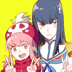 10s 2girls black_hair blush double_v epaulettes hat highres jakuzure_nonon junketsu kill_la_kill kiryuuin_satsuki kouichirou multiple_girls pink_eyes pink_hair smile v