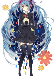 Rule 34 | 1girl, aqua eyes, aqua hair, bad id, bad pixiv id, female focus, fen renlei, flower, own hands clasped, hatsune miku, headset, long hair, necktie, own hands together, saihate (vocaloid), skirt, solo, thighhighs, twintails, very long hair, vocaloid, white background