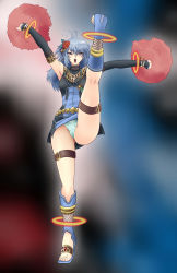 Rule 34 | 1girl, absurdres, ahoge, armpits, blue eyes, blue hair, breasts, cheerleader, detached sleeves, dress, earrings, flower, freya, spirit of victory, full body, gradient background, highres, holding, jewelry, leg lift, long hair, matching hair/eyes, necklace, open mouth, panties, pantyshot, pom pom (cheerleading), short dress, solo, soukichi, standing, standing on one leg, thigh strap, toes, underwear, upskirt, yu-gi-oh!