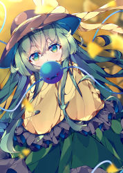 Rule 34 | 1girl, black hat, commentary request, covered mouth, eyeball, fant, frilled skirt, frilled sleeves, frills, green eyes, green hair, green skirt, hat, hat ribbon, highres, komeiji koishi, long hair, long sleeves, looking at viewer, ribbon, shirt, skirt, sleeves past fingers, sleeves past wrists, solo, third eye, touhou, wavy hair, wide sleeves, yellow ribbon, yellow shirt