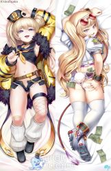 Rule 34 | + +, 1girl, :3, :d, ass, azur lane, bache (azur lane), bandaid, bandaid on knee, bandaid on leg, banknote, bed sheet, belt, belt pouch, black sailor collar, blonde hair, chain, clothes lift, commentary, cuddly octopus, dakimakura (medium), dollar bill, eyewear on head, fake tail, fang, fishnet thighhighs, fishnets, full body, fur-trimmed jacket, fur trim, hand on own ass, hat, highres, jacket, jewelry, krokobyaka, leash, lifting own clothes, long hair, looking at viewer, looking back, lying, micro shorts, money, multiple views, navel, ok sign, on back, on stomach, open clothes, open jacket, open mouth, open shorts, pantyhose, pouch, puffy short sleeves, puffy sleeves, purple eyes, rabbit tail, ring, russian commentary, sailor collar, shirt, shirt lift, short sleeves, shorts, single thighhigh, sleeveless, sleeveless shirt, smile, tail, thighhighs, twintails, two side up, watermark, white thighhighs, yellow jacket