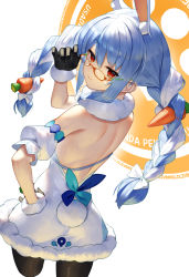 Rule 34 | 1girl, :3, absurdres, animal ear fluff, animal ears, bare back, bespectacled, black gloves, black pantyhose, blue hair, braid, carrot hair ornament, character name, closed mouth, commentary, cowboy shot, cropped legs, detached sleeves, dress, food-themed hair ornament, fur trim, glasses, glint, gloves, hair between eyes, hair ornament, hand on own hip, highres, hololive, jitome, long hair, looking at viewer, looking back, multicolored hair, orange-framed eyewear, pantyhose, puffy short sleeves, puffy sleeves, rabbit ears, rabbit girl, rabbit tail, red eyes, scarf, scottie (phantom2), short sleeves, sidelocks, solo, symbol-only commentary, tail, twin braids, twintails, two-tone hair, usada pekora, usada pekora (1st costume), very long hair, virtual youtuber, white background, white dress