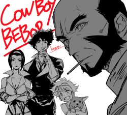 Rule 34 | 2boys, 2girls, :d, bald, beard, blush stickers, breasts, cigarette, cleavage, copyright name, cowboy bebop, dog, edward wong hau pepelu tivrusky iv, ein (cowboy bebop), facial hair, faye valentine, greyscale, hairband, holding, holding cigarette, jet black, kotatsu (g-rough), large breasts, looking at viewer, monochrome, mouth hold, multiple boys, multiple girls, necktie, open mouth, popped collar, short hair, sketch, smile, smoking, spike spiegel, sweater, welsh corgi, white background
