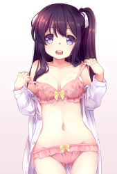 Rule 34 | 1girl, 54hao, :d, bare shoulders, black hair, blush, bow, bow bra, bow panties, bra, breasts, brown background, cleavage, collarbone, commentary request, cowboy shot, dress shirt, gluteal fold, gradient background, groin, hair between eyes, highres, long hair, long sleeves, looking at viewer, medium breasts, navel, one side up, open clothes, open mouth, open shirt, original, panties, pink bra, pink panties, purple eyes, shirt, sidelocks, smile, solo, strap slip, teeth, underwear, upper teeth only, white background, white shirt