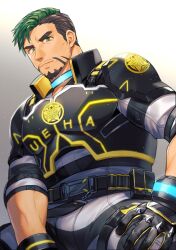 Rule 34 | 1boy, armor, bara, belt, body armor, cowboy shot, facial hair, from below, gloves, goatee, gradient background, green hair, hand on own thigh, hozu (hozumi), live a hero, looking at viewer, male focus, muscular, muscular male, mustache stubble, official alternate costume, pauldrons, shoulder armor, solo, striped clothes, stubble, tadakono okitaka (live a hero), utility belt