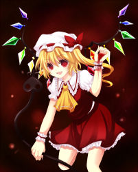 Rule 34 | 1girl, bad id, bad pixiv id, black background, blonde hair, blouse, collared shirt, female focus, flandre scarlet, gradient background, hat, mob cap, red background, red eyes, shirt, solo, standing, takase kanan, touhou, white hat, white shirt, white wrist cuffs, wings, wrist cuffs