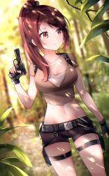 Rule 34 | 1girl, bare arms, belt, belt pouch, black gloves, black shorts, blurry, breasts, brown eyes, brown hair, brown shirt, closed mouth, collarbone, cowboy shot, crop top, depth of field, expressionless, finger on trigger, fingerless gloves, gloves, gun, hand up, handgun, highres, holding, holding gun, holding weapon, lara croft, large breasts, long hair, looking away, midriff, nami (nyaa), navel, outdoors, pistol, ponytail, pouch, revealing clothes, shirt, short shorts, short sleeves, shorts, solo, stomach, thigh strap, thighs, tomb raider, weapon