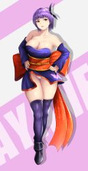 Rule 34 | 1girl, ayane (doa), bare shoulders, black footwear, boots, bow, breasts, cleavage, dead or alive, dress, hands on own hips, headband, highres, japanese clothes, kimono, kurone rinka, large breasts, lips, looking at viewer, ninja, obi, over-kneehighs, panties, pantyshot, parted lips, purple eyes, purple footwear, purple hair, purple thighhighs, red eyes, sash, shiny clothes, shiny skin, short dress, short hair, short kimono, simple background, solo, standing, strapless, strapless dress, tecmo, thighhighs, thighs, underwear, white background, white panties