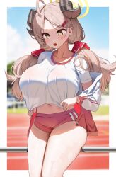 Rule 34 | 1girl, absurdres, ahoge, alternate costume, blue archive, blue sky, breasts, bright pupils, brown eyes, brown hair, cloud, commentary, curled horns, gym uniform, highres, horns, huge breasts, izumi (blue archive), long hair, midriff, navel, nicorima, open mouth, outdoors, red shorts, see-through, see-through shirt, shirt, shorts, sky, solo, sweat, teeth, thighs, twintails, upper teeth only, white pupils, white shirt